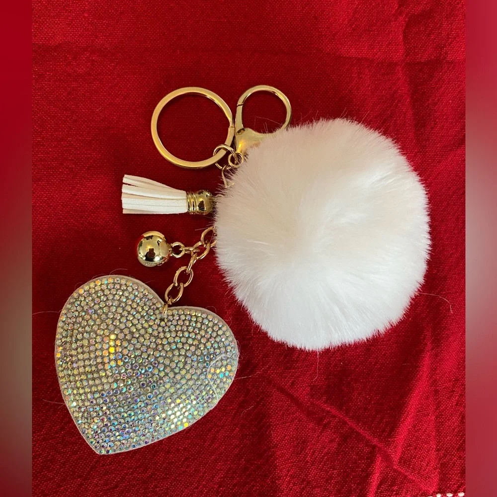 NWOT luxury bag charm, large faux rabbit fur ball, gold metal,vegan tassle6”long